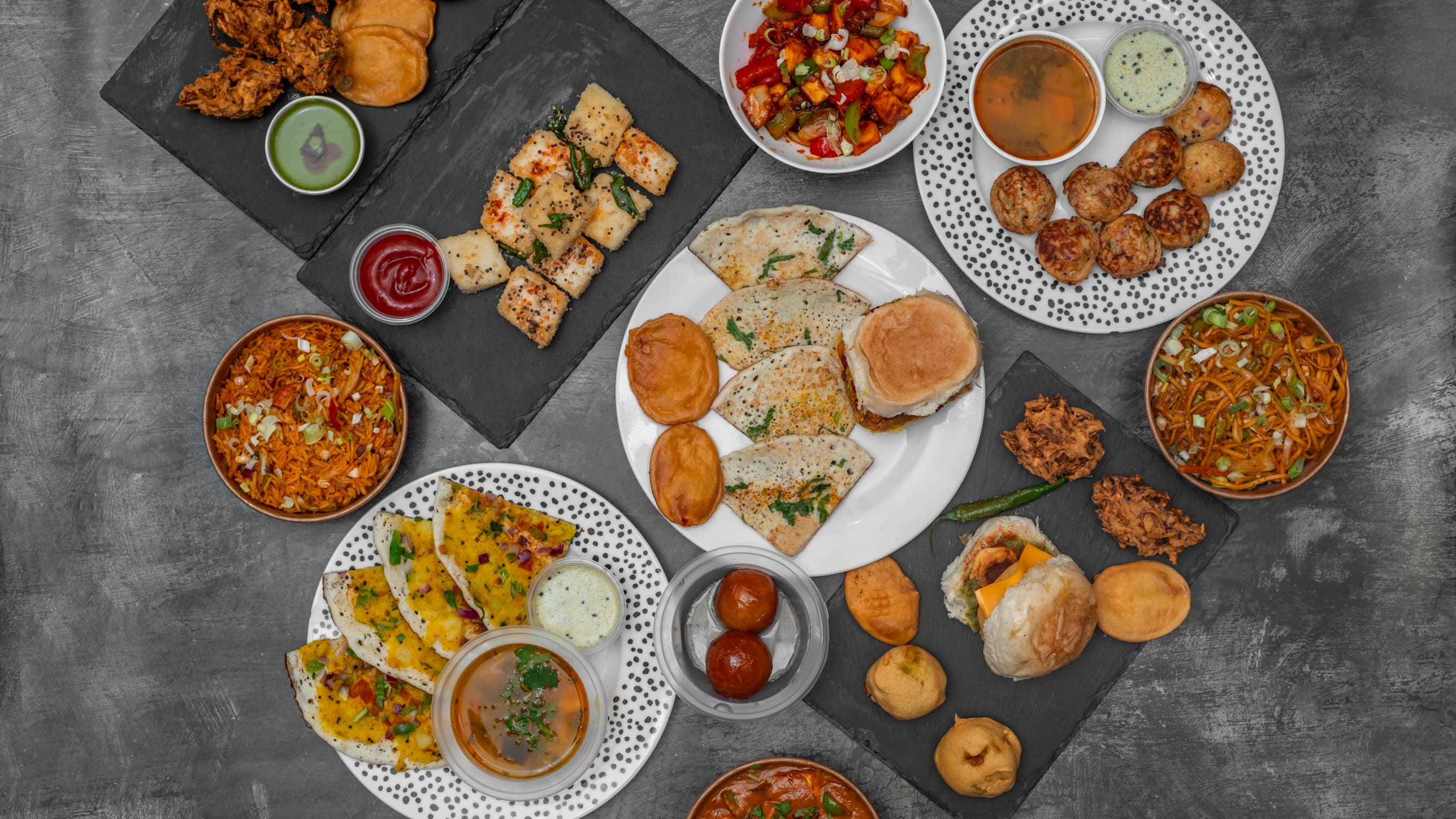 A colourful vegetarian Indian sharing spread at Niya’s Kitchen